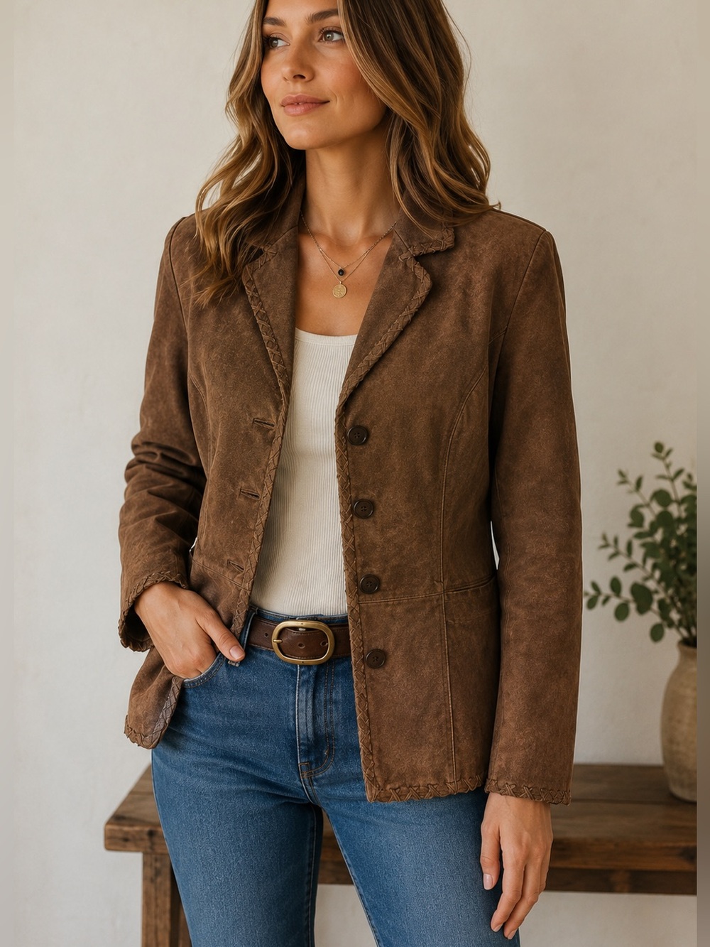 Jones New York Brown Genuine Leather Blazer Jacket Whipstitch Size M Vintage